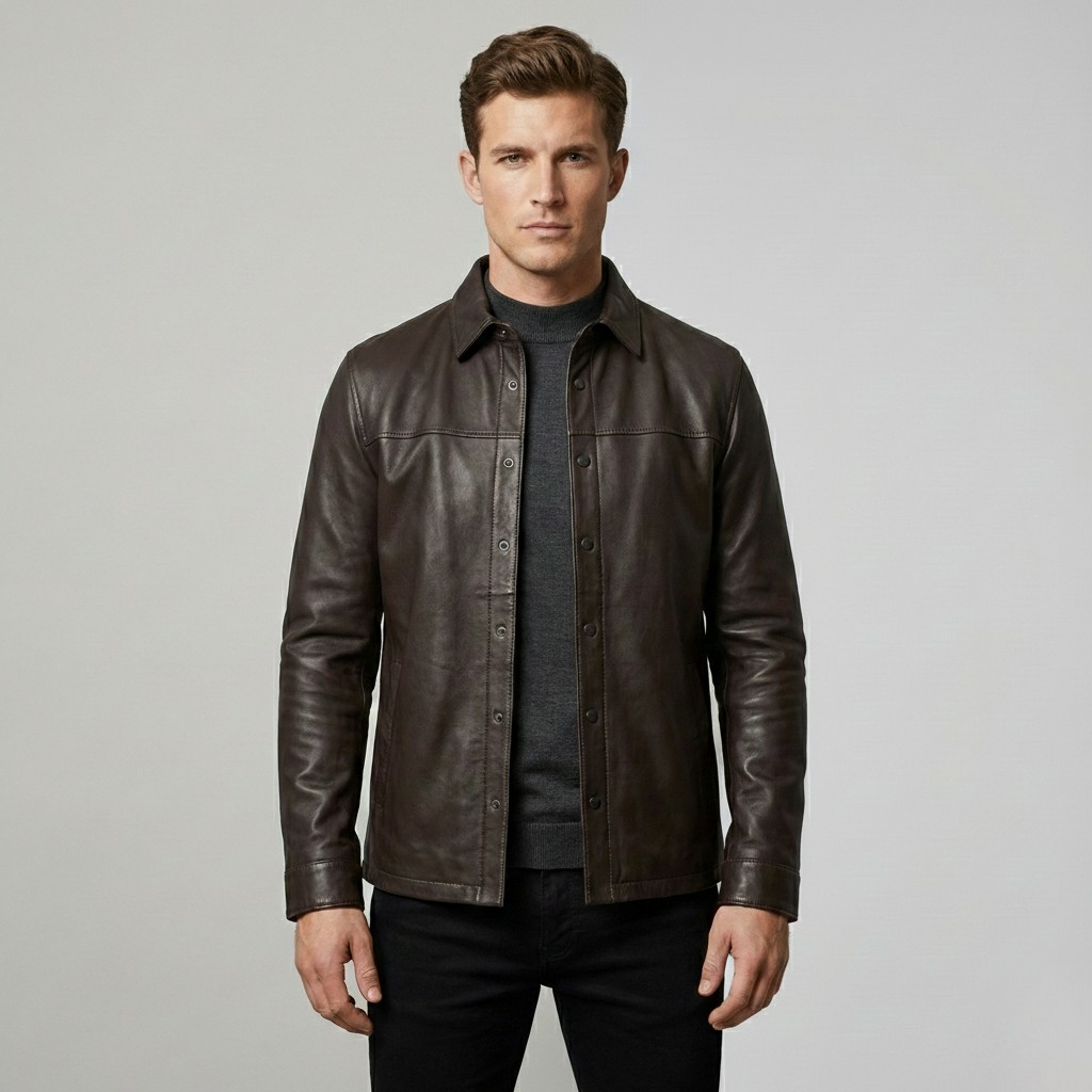 Leather Snap-Front Shirt Jacket
