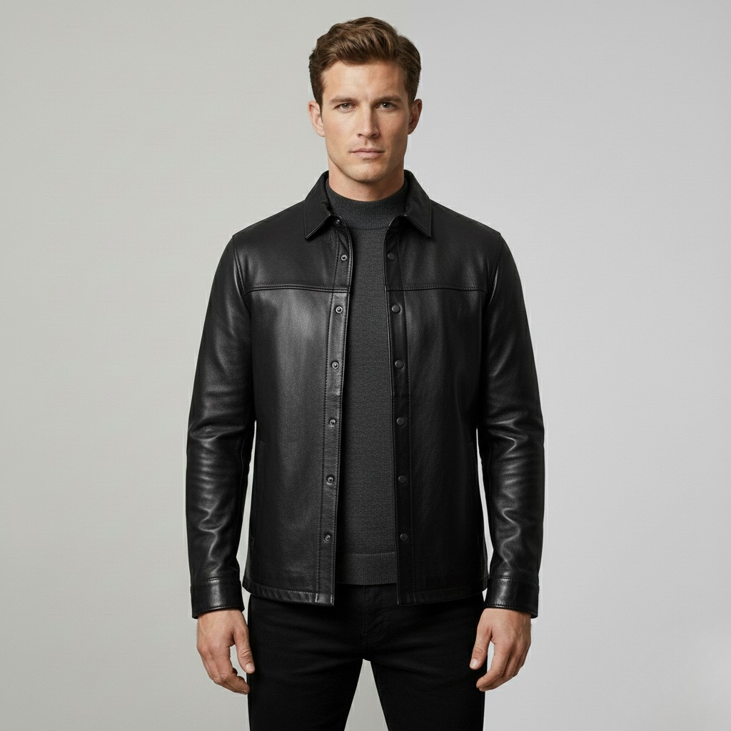 Leather Snap-Front Shirt Jacket