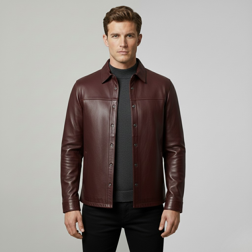 Leather Snap-Front Shirt Jacket
